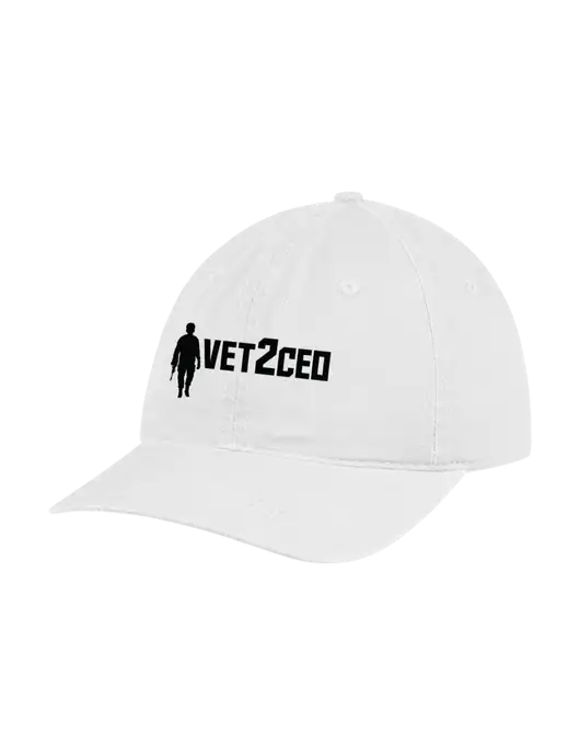 Garment Washed Unstructured Twill White Cap w/Vet2CEO Logo