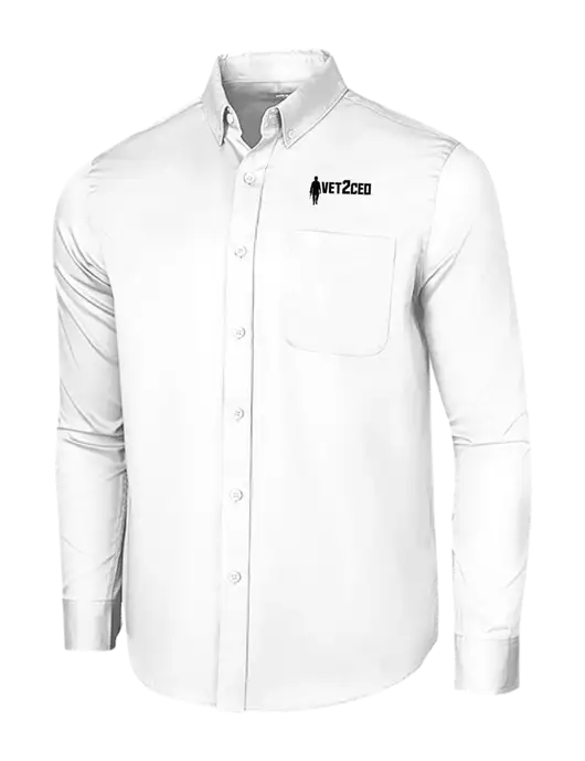 Long Sleeve White Superpro React Twill Shirt w/Vet2CEO Logo