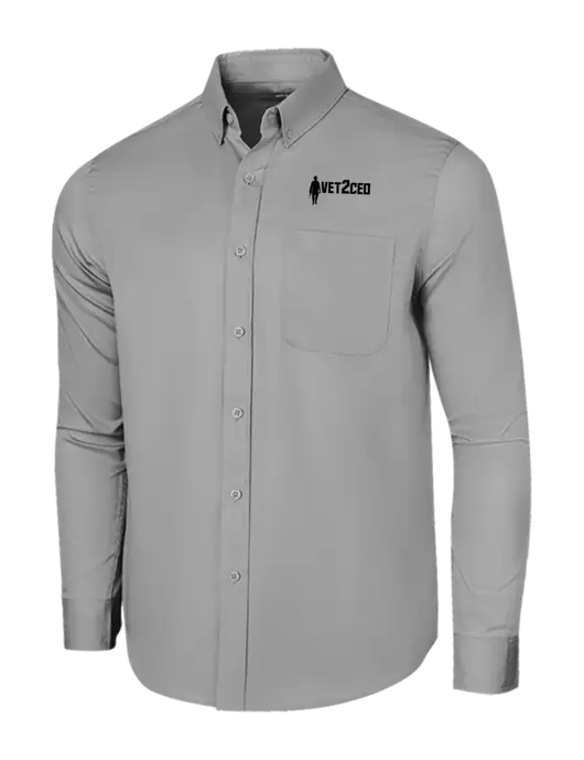 Long Sleeve Light Grey Superpro React Twill Shirt w/Vet2CEO Logo