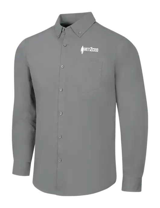 Medium Grey Long Sleeve Carefree Poplin Shirt w/Vet2CEO Logo