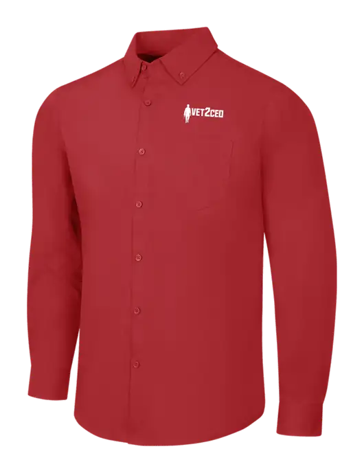 Red Long Sleeve Carefree Poplin Shirt w/Vet2CEO Logo