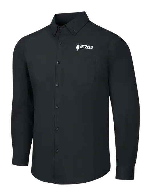 Black Long Sleeve Carefree Poplin Shirt w/Vet2CEO Logo