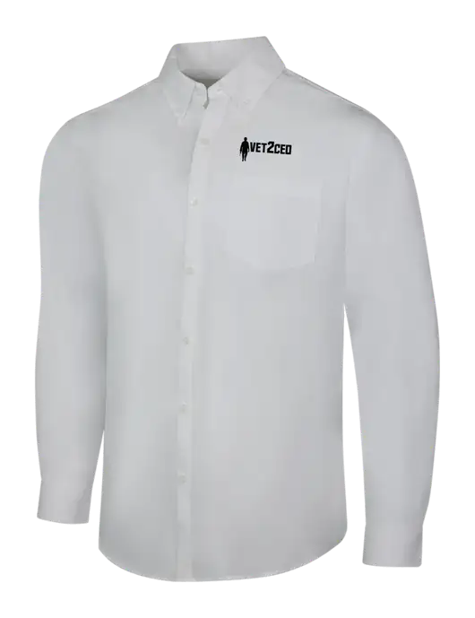 White Long Sleeve Carefree Poplin Shirt w/Vet2CEO Logo