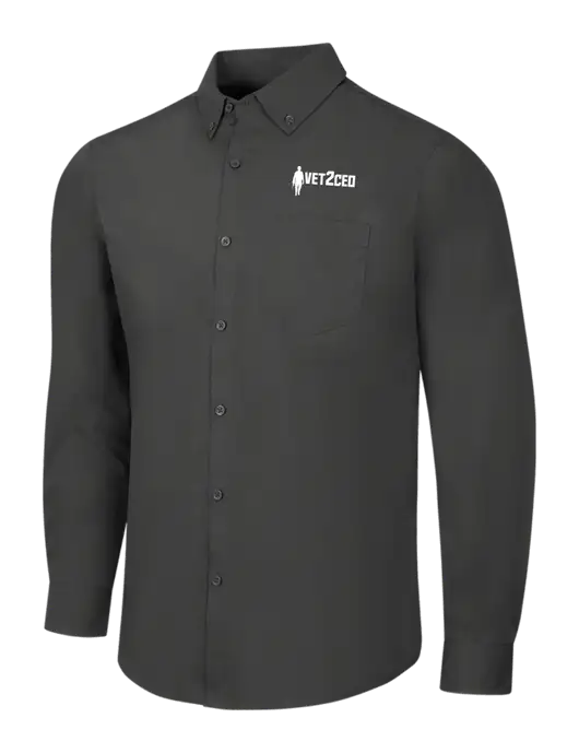 Dark Grey Long Sleeve Carefree Poplin Shirt w/Vet2CEO Logo