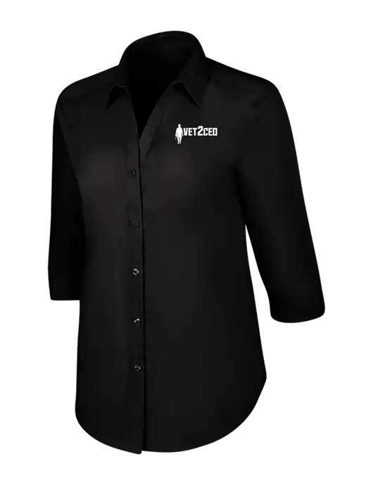 Womens Black 3/4 Sleeve Carefree Poplin Shirt w/Vet2CEO Logo