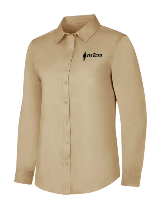Dark Tan Womens Long Sleeve Superpro React Twill Shirt w/Vet2CEO Logo