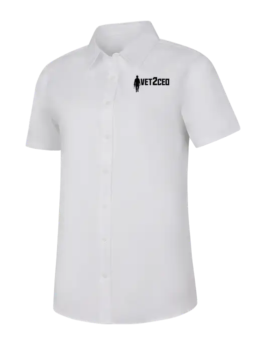 Womens White Short Sleeve Superpro React Twill Shirt w/Vet2CEO Logo