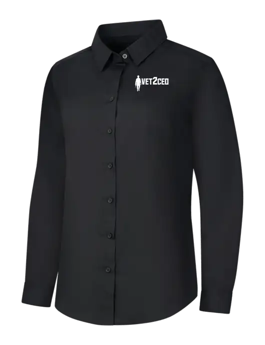 Womens Black Long Sleeve Carefree Poplin Shirt w/Vet2CEO Logo