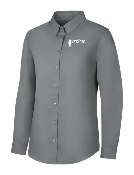 Womens Medium Grey Long Sleeve Carefree Poplin Shirt w/Vet2CEO Logo