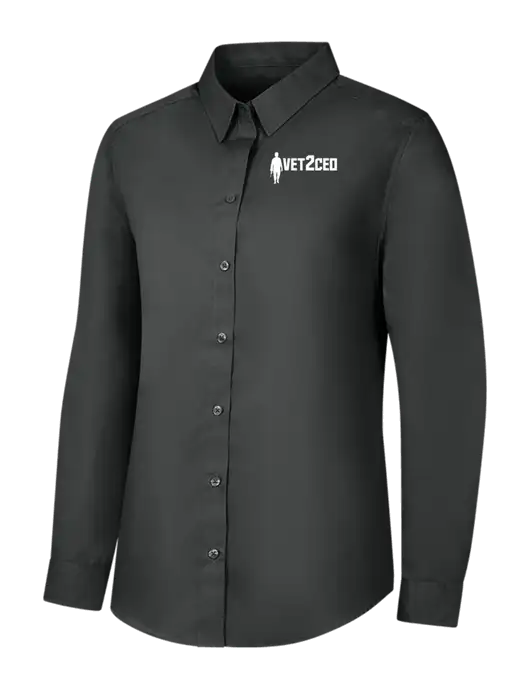 Womens Dark Grey Long Sleeve Carefree Poplin Shirt w/Vet2CEO Logo