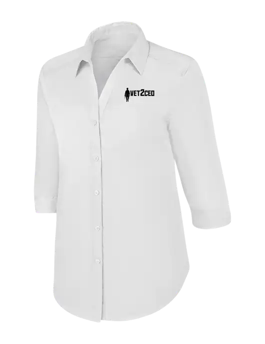 Womens White 3/4 Sleeve Carefree Poplin Shirt w/Vet2CEO Logo
