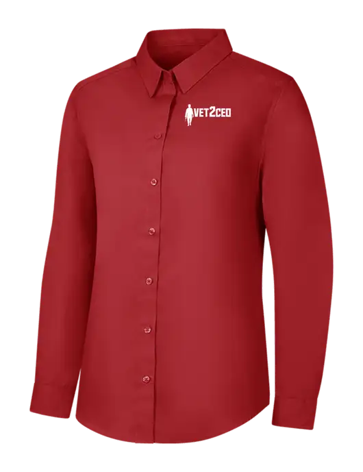 Womens Rich Red  Long Sleeve Carefree Poplin Shirt w/Vet2CEO Logo