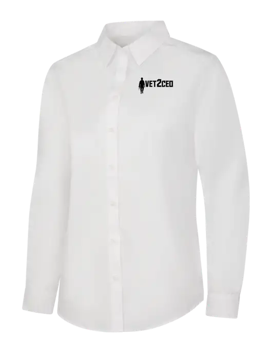 Womens White Long Sleeve Carefree Poplin Shirt w/Vet2CEO Logo