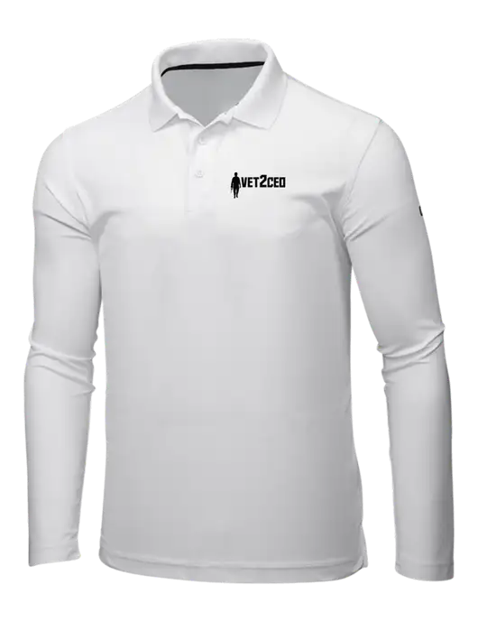OGIO Bright White Caliber 2.0 Long Sleeve Polo w/Vet2CEO Logo