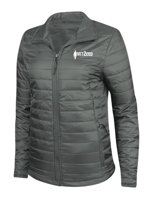 Dark Grey Womens Puffy Packable Jacket w/Vet2CEO Logo