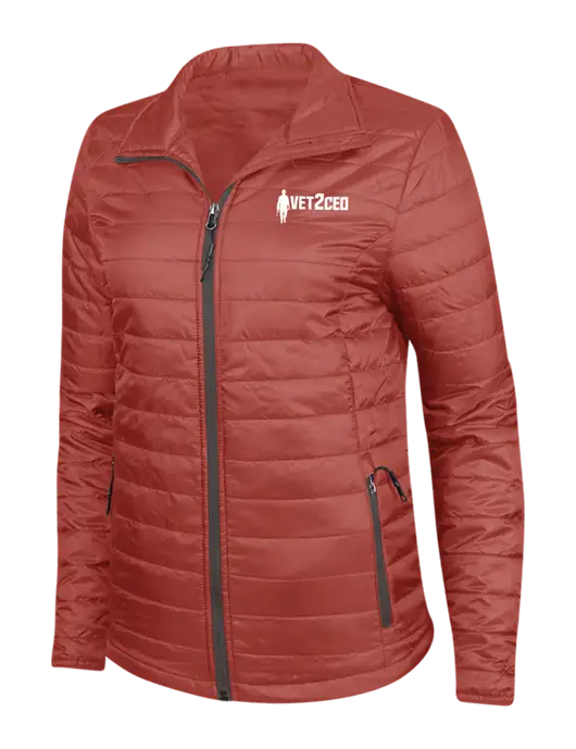 Dark Red Womens Puffy Packable Jacket w/Vet2CEO Logo