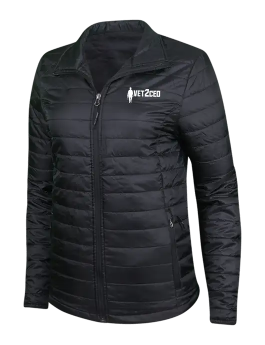 Womens Black Puffy Packable Jacket w/Vet2CEO Logo
