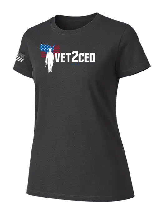 Womens Ring Spun Charcoal 4.5 oz T-Shirt w/Vet2CEO Logo, US Flag Logo