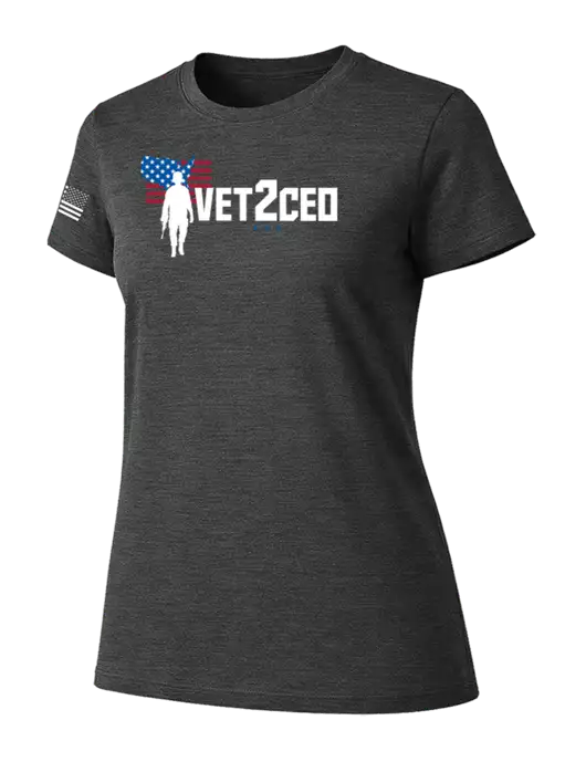 Womens Ring Spun Dark Heather Grey 4.5 oz T-Shirt w/Vet2CEO Logo, US Flag Logo