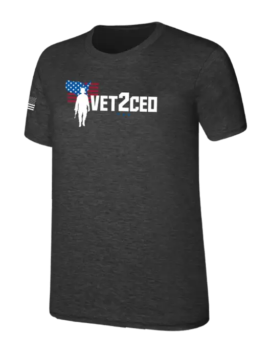 Womens Ring Spun Dark Heather Grey 4.5 oz T-Shirt w/Vet2CEO Logo, US Flag Logo