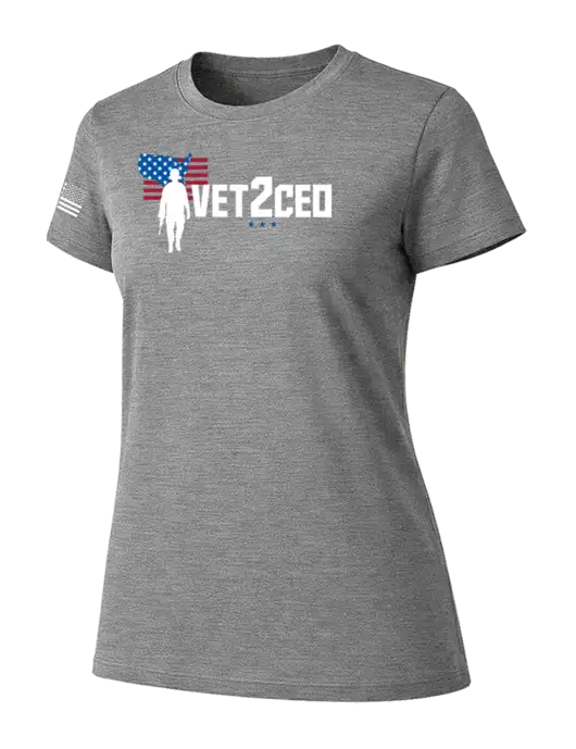 Womens Ring Spun Light Grey Heather 4.5 oz T-Shirt w/Vet2CEO Logo, US Flag Logo