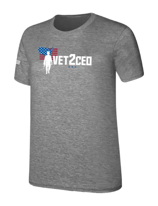 Womens Ring Spun Light Grey Heather 4.5 oz T-Shirt w/Vet2CEO Logo, US Flag Logo