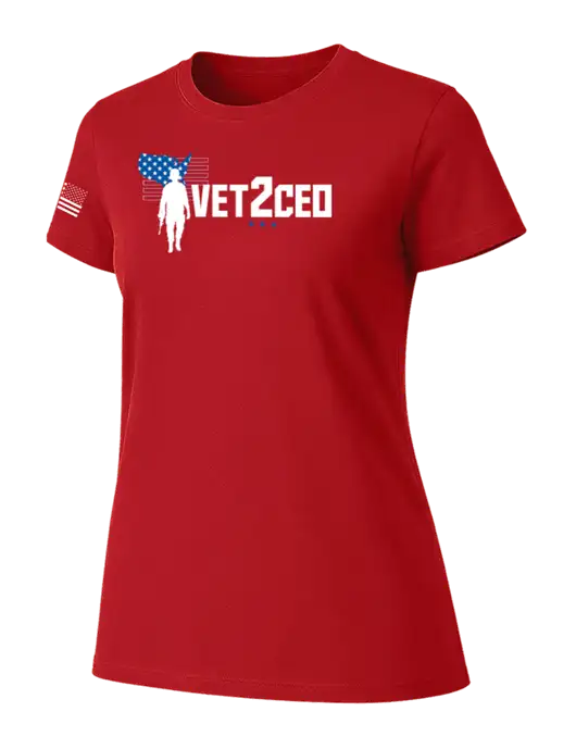 Womens Ring Spun Bright Red 4.5 oz T-Shirt w/Vet2CEO Logo, US Flag Logo