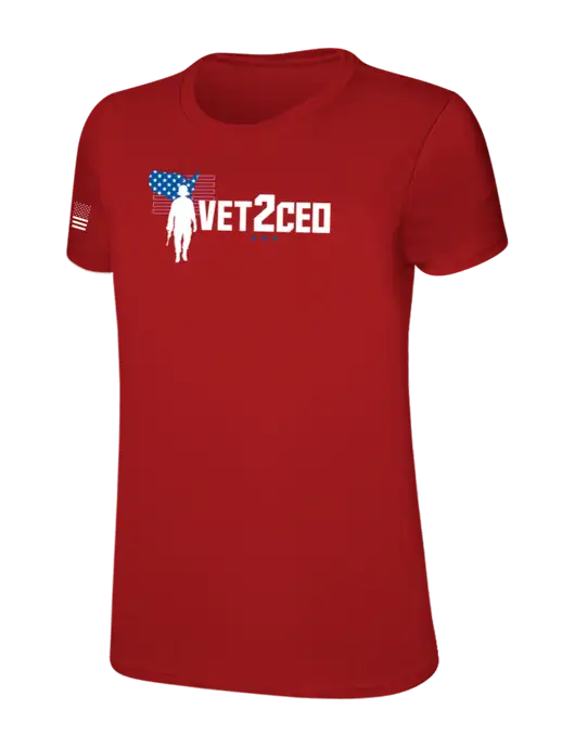Womens Ring Spun Bright Red 4.5 oz T-Shirt w/Vet2CEO Logo, US Flag Logo