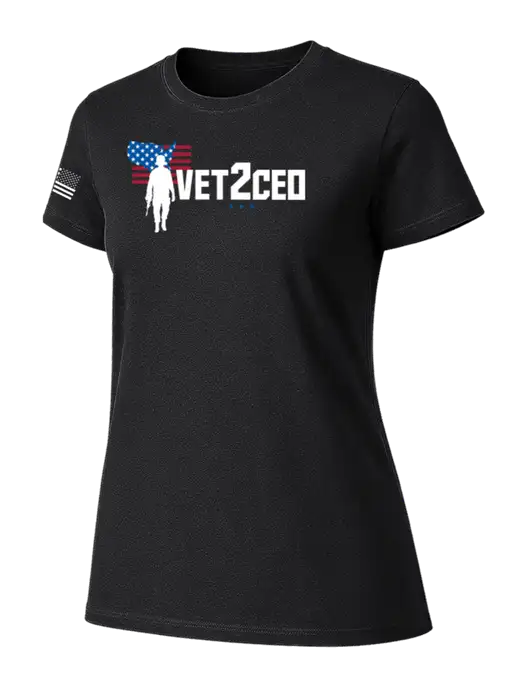 Womens Ring Spun Jet Black 4.5 oz T-Shirt w/Vet2CEO Logo, US Flag Logo