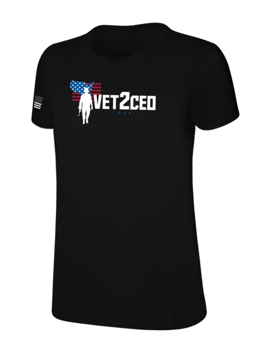 Womens Ring Spun Jet Black 4.5 oz T-Shirt w/Vet2CEO Logo, US Flag Logo