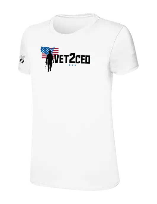 Womens Ring Spun White 4.5 oz T-Shirt w/Vet2CEO Logo, US Flag Logo