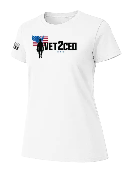 Womens Ring Spun White 4.5 oz T-Shirt w/Vet2CEO Logo, US Flag Logo