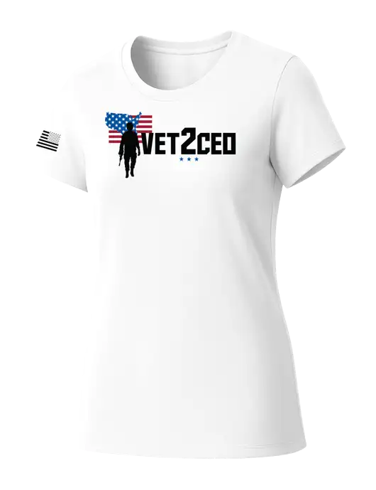 Womens Seriously Soft White T-Shirt w/Vet2CEO Logo, US Flag Logo