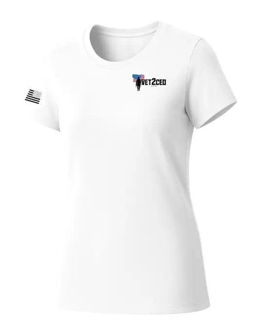 Womens Seriously Soft White T-Shirt w/Vet2CEO Logo, US Flag Logo