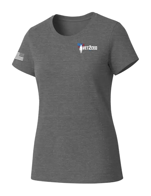 Womens Seriously Soft Grey Frost T-Shirt w/Vet2CEO Logo, US Flag Logo