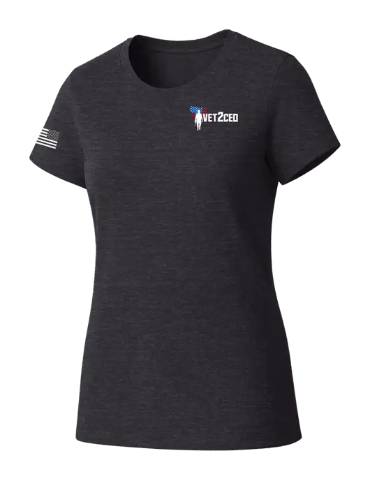 Womens Seriously Soft Heathered Charcoal T-Shirt w/Vet2CEO Logo, US Flag Logo