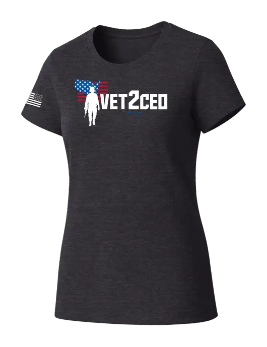Womens Seriously Soft Heathered Charcoal T-Shirt w/Vet2CEO Logo, US Flag Logo