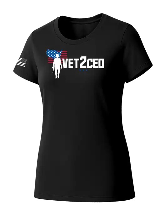 Womens Seriously Soft Black T-Shirt w/Vet2CEO Logo, US Flag Logo
