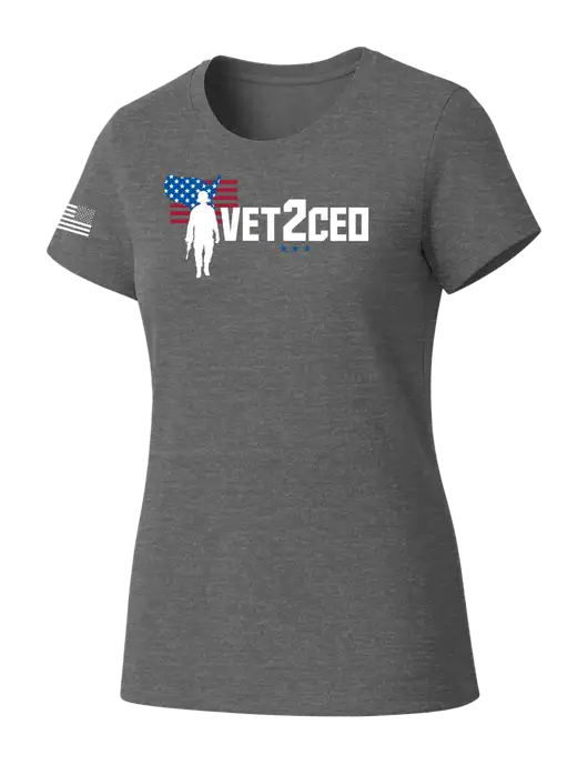 Womens Seriously Soft Grey Frost T-Shirt w/Vet2CEO Logo, US Flag Logo