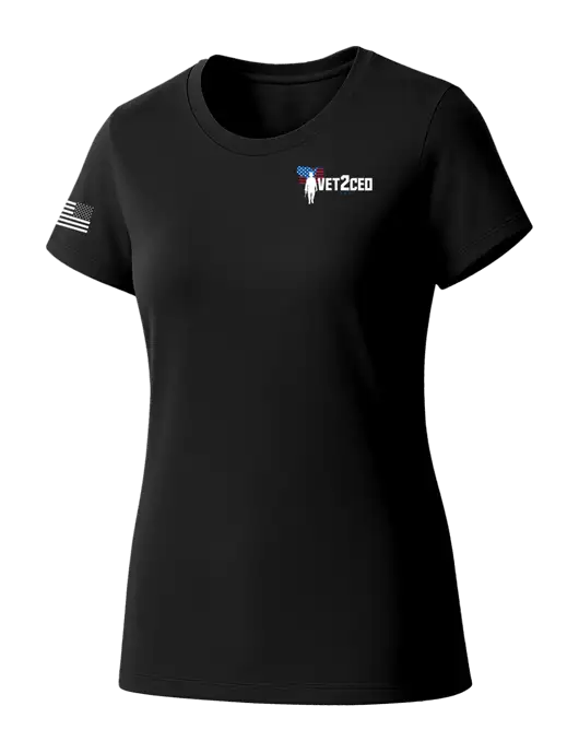 Womens Seriously Soft Black T-Shirt w/Vet2CEO Logo, US Flag Logo