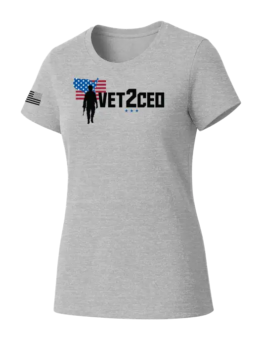 Womens Seriously Soft Light Heathered Grey T-Shirt w/Vet2CEO Logo, US Flag Logo