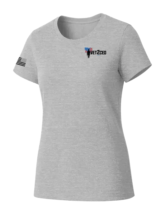 Womens Seriously Soft Light Heathered Grey T-Shirt w/Vet2CEO Logo, US Flag Logo