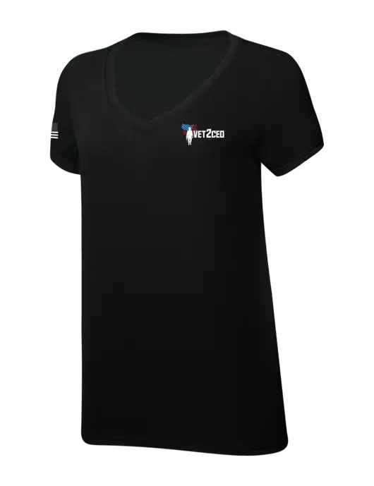 Womens Simply Soft V-Neck Black 4.5oz  Poly/Combed Ring Spun Cotton T-Shirt w/Vet2CEO Logo, US Flag Logo