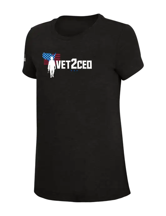 Womens Simply Soft Black 4.5oz Poly/Combed Ring Spun Cotton T-Shirt w/Vet2CEO Logo, US Flag Logo
