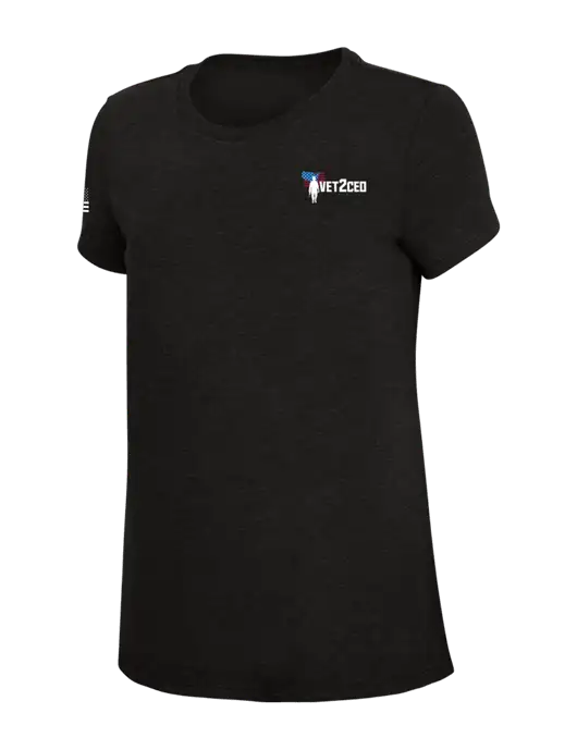 Womens Simply Soft Black 4.5oz Poly/Combed Ring Spun Cotton T-Shirt w/Vet2CEO Logo, US Flag Logo