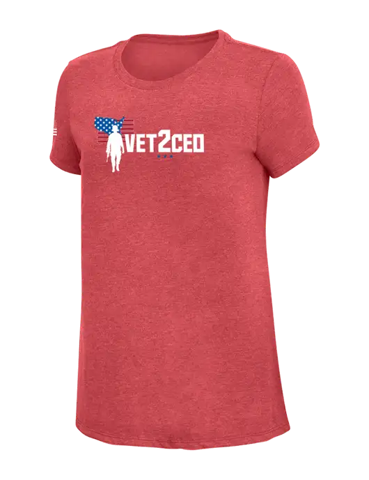 Womens Simply Soft Red Frost 4.5oz Poly/Combed Ring Spun Cotton T-Shirt w/Vet2CEO Logo, US Flag Logo