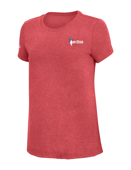 Womens Simply Soft Red Frost 4.5oz Poly/Combed Ring Spun Cotton T-Shirt w/Vet2CEO Logo, US Flag Logo