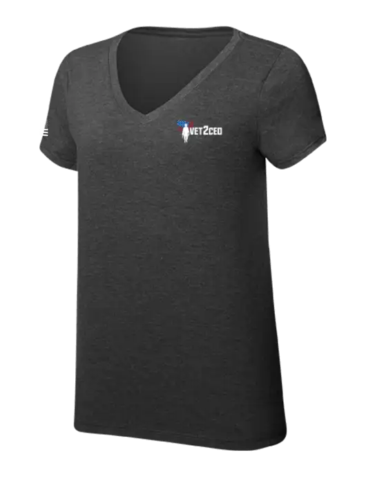 Womens Simply Soft V-Neck Black Frost 4.5oz  Poly/Combed Ring Spun Cotton T-Shirt w/Vet2CEO Logo, US Flag Logo