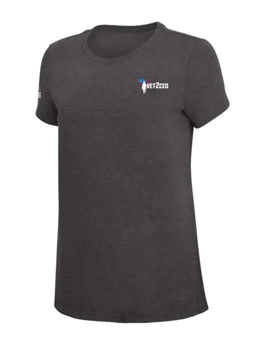 Womens Simply Soft Heather Charcoal 4.5oz  Poly/Combed Ring Spun Cotton T-Shirt w/Vet2CEO Logo, US Flag Logo