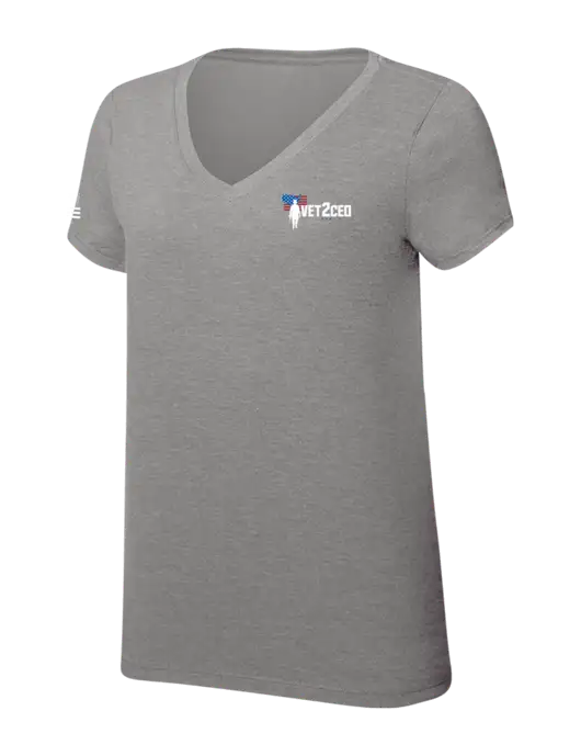 Womens Simply Soft V-Neck Grey Frost 4.5oz  Poly/Combed Ring Spun Cotton T-Shirt w/Vet2CEO Logo, US Flag Logo